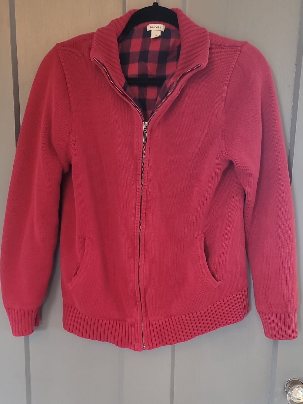L.L. Bean Bright Red Zip-Up Flannel Lined Sweater Jacket